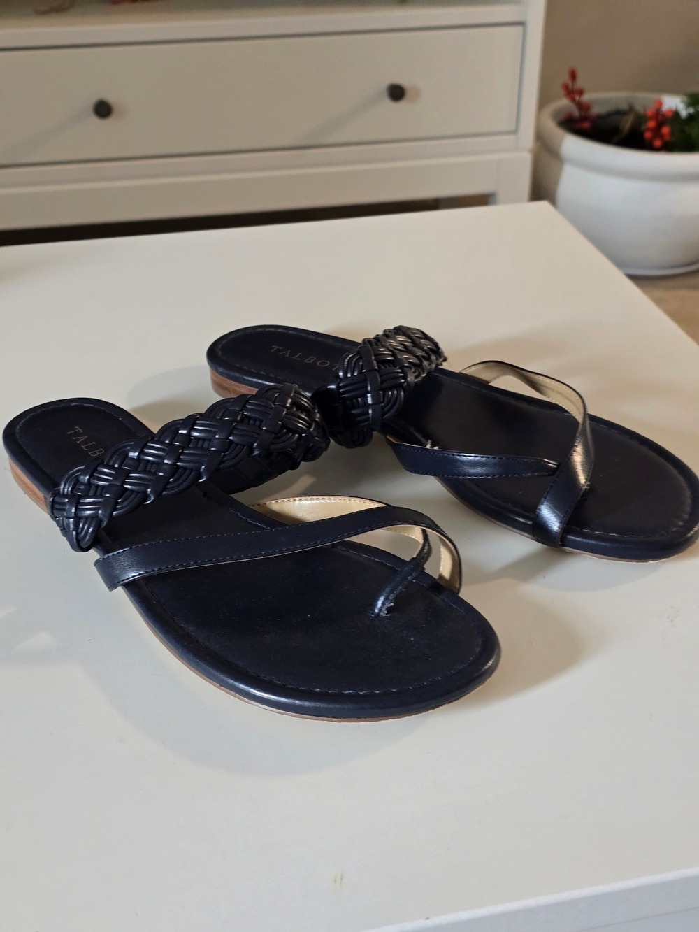 Talbots Navy Braided Leather Toe-Loop Sandals